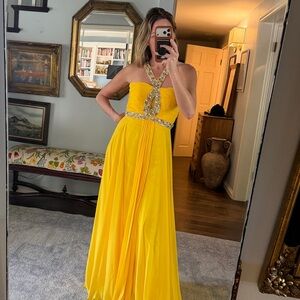 Elegant Yellow Halter Gown with Rhinestone and Embellishments